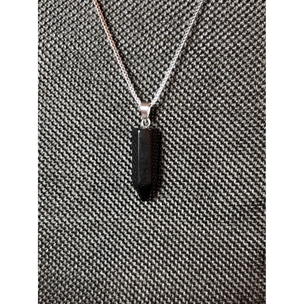 Black Obsidian Hexagonal Point Pendant Necklace Stainless Steel Box Chain